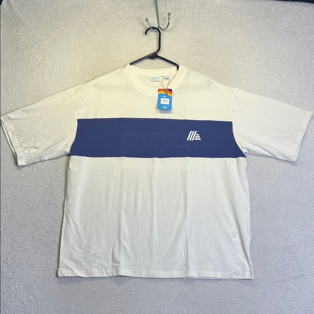 NWT ALDI Gear Color Block T-Shirt Men’s Large Blue White Logo Tee Streetwear